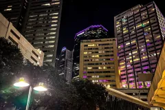 Downtown Dallas skyline at night with illuminated skyscrapers
