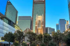 Dallas skyline with historic church and modern skyscrapers