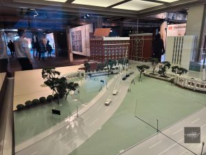 Scale model of Dealey Plaza showing Elm Street and Texas School Book Depository