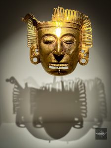 Gold funerary mask from the Sicán culture displayed at the Dallas Museum of Art