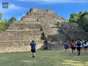 Chacchoben pyramid main structure under blue sky