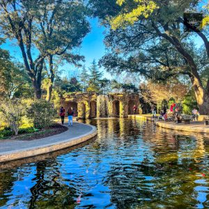 Stone waterfall feature at Dallas Arboretum and Botanical Garden