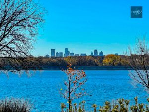 White Rock Lake view with Dallas skyline from Dallas Arboretum