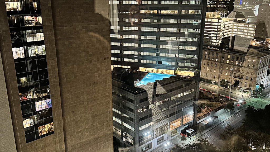 Night view of downtown Dallas from our apartment at The Mayflower