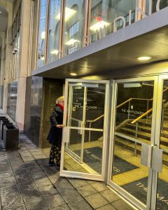 Entrance to The Mayflower apartments in downtown Dallas