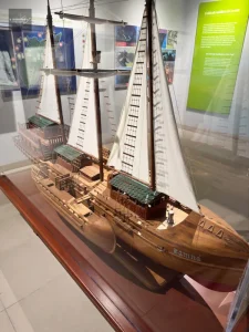 Scale model of Spanish colonial sailing ship displayed in museum