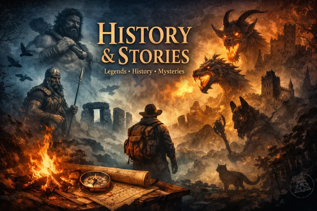 Fantasy illustration with Irish and Polish legends, traveler with backpack, campfire, dragon and Celtic warrior – History and Stories section