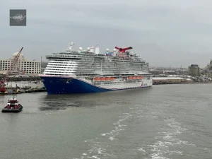 Carnival Breeze engines starting as cruise departs Galveston port