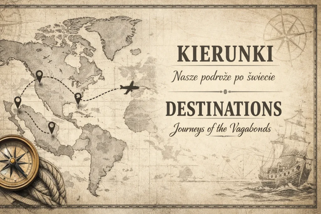 World travel map with compass showing destinations of the Vagabonds of the North – Ireland, USA and Mexico