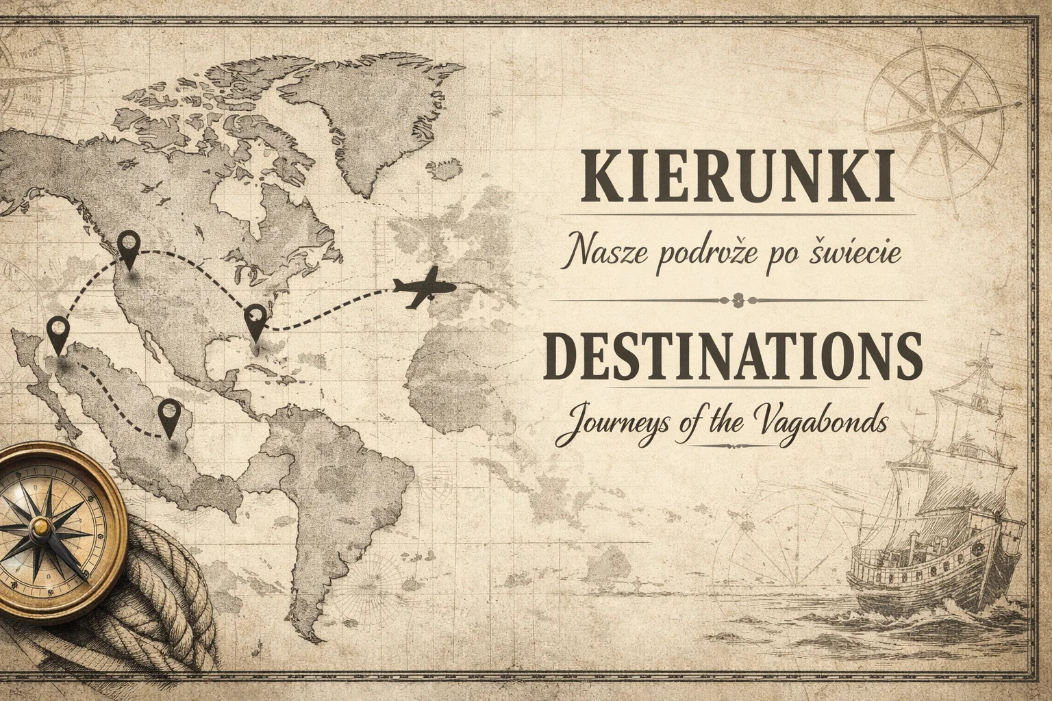 World travel map with compass showing destinations of the Vagabonds of the North – Ireland, USA and Mexico