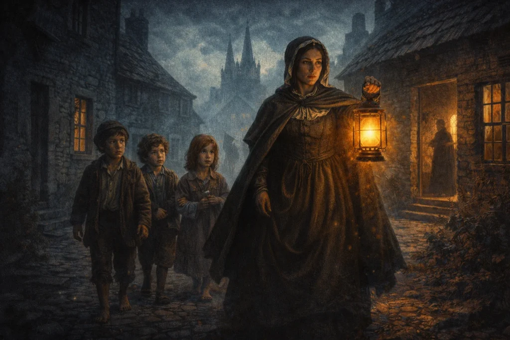 Nano Nagle walking with lantern through the streets of Cork teaching poor children during Penal Laws period in Ireland