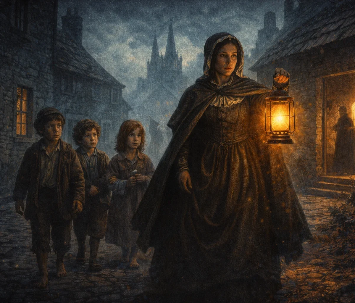 Nano Nagle walking with lantern through the streets of Cork teaching poor children during Penal Laws period in Ireland