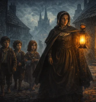 Nano Nagle walking with lantern through the streets of Cork teaching poor children during Penal Laws period in Ireland