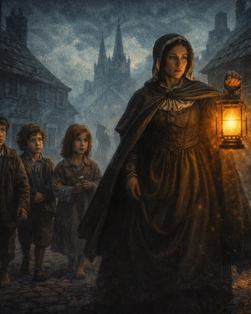 Nano Nagle walking with lantern through the streets of Cork teaching poor children during Penal Laws period in Ireland